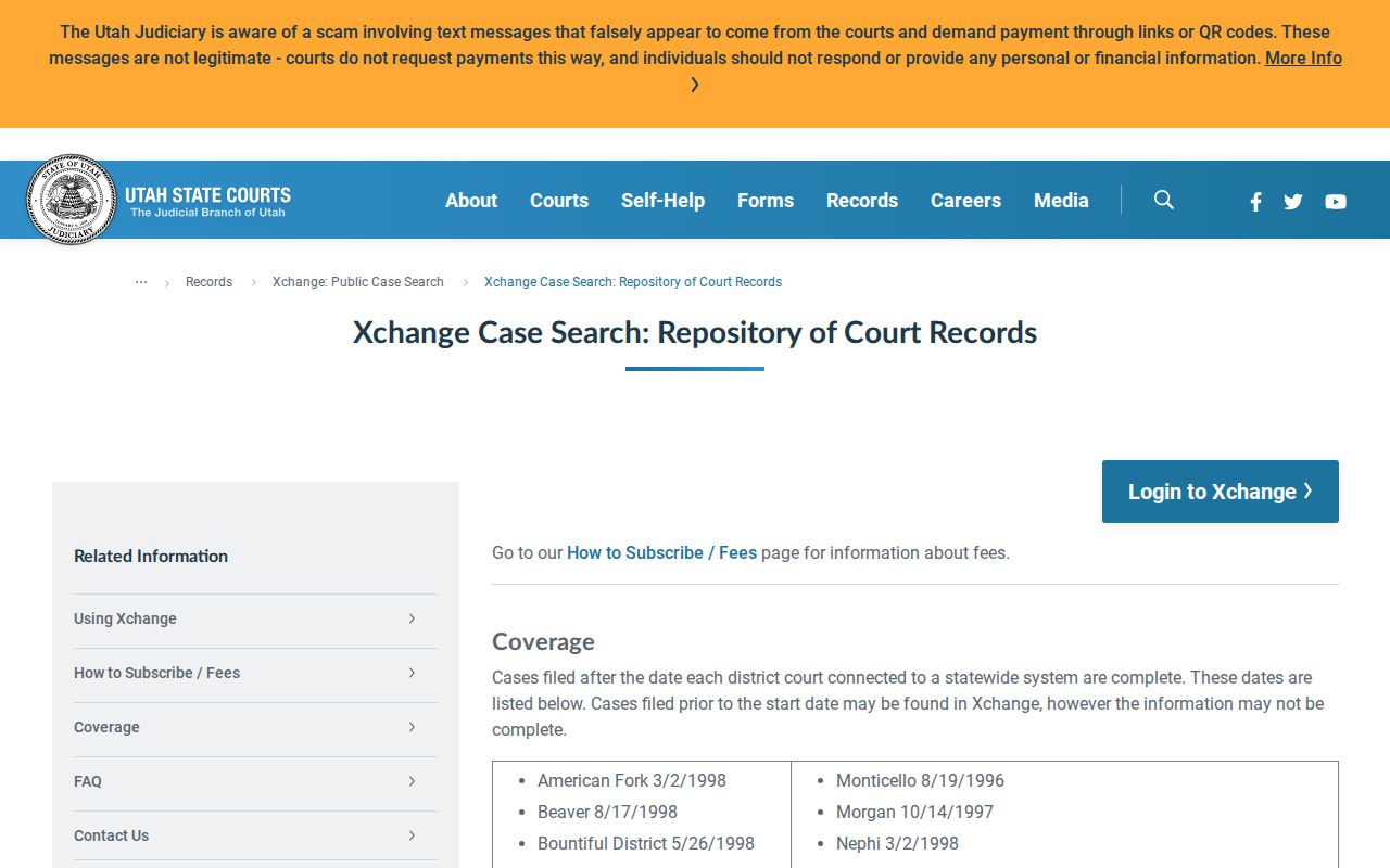 Cache County court case CORIS coverage date chart