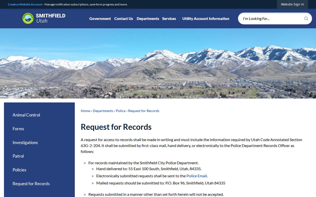 Smithfield Utah police records request instructions